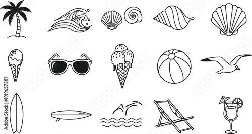 A collection of various beach icons and symbols in black and white illustrations