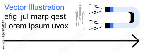 Educational tools, physics principles, science concepts, magnetic fields, magnetism fundamentals, directional force. Magnet attracting with field lines and arrow. Physics principles and science