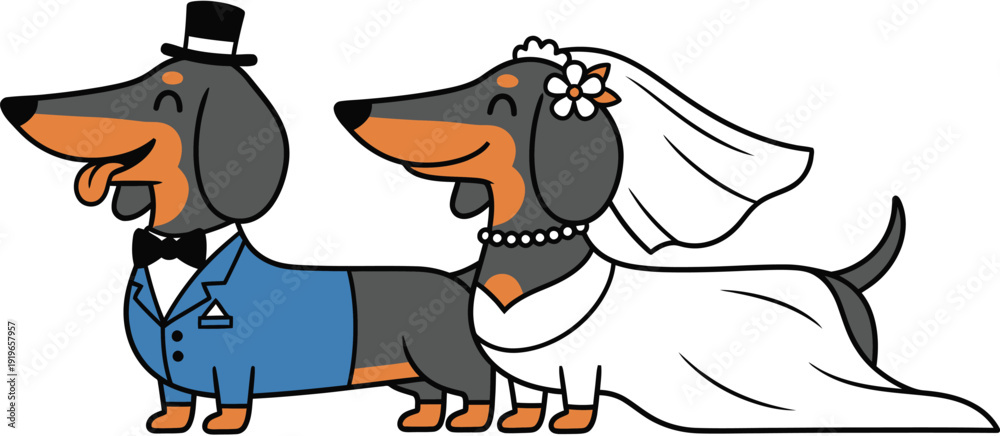 Fototapeta premium Dachshund couple dressed in wedding attire standing together in a cute cartoon illustration