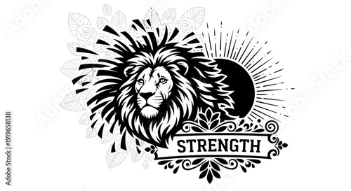 Majestic Lion Head Vector Illustration with Sunburst, Flowing Mane, and Decorative Scroll Symbolizing Strength and Power
