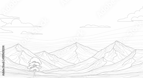 Minimalist line art illustration of a serene mountain landscape with multiple peaks, rolling hills, and a lone pine tree. Vector outline.