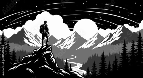Monochrome illustration of adventurer on mountain peak, admiring a vast night landscape with stars, moon, and river below.