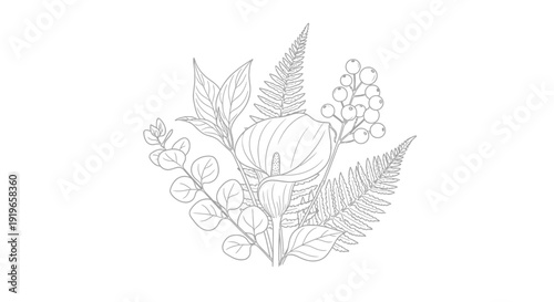 Elegant botanical line art illustration with a calla lily, fern leaves, eucalyptus, and berries. Minimalist floral arrangement drawing.