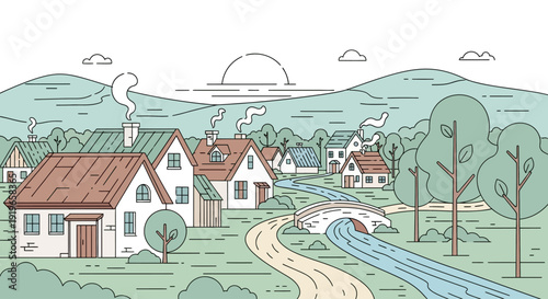 Peaceful rural village landscape illustration with houses, trees, a river, and hills at sunrise. Idyllic countryside scene in line art style.