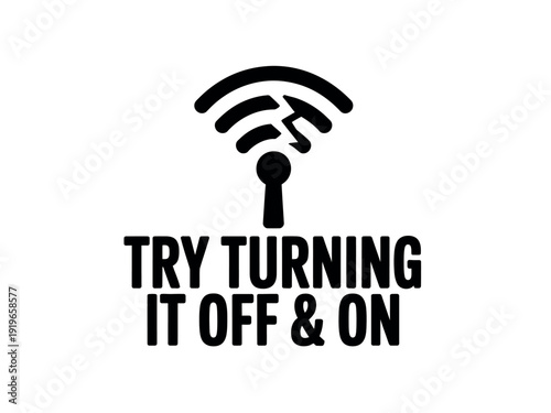 Black WiFi Icon with Troubleshooting Text on White Background