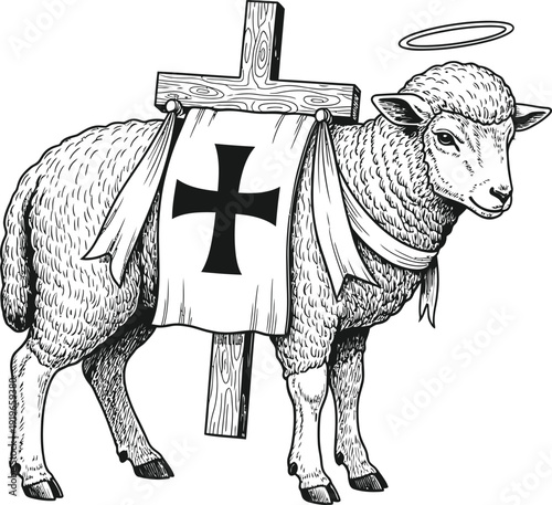 The sacred sheep standing beside the cross with a halo above its head representing purity and faith