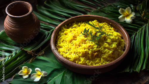 Vibrant yellow rice with coconut milk, beautifully spiced and presented on a bed of lush green tropical leaves.