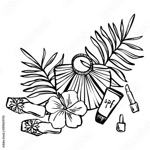 Summer vacation vector line art with straw bag, palm leaves, sandals, sunscreen SPF, lipstick and tropical flower. Ideal for travel design, cosmetic branding, beach packaging, and fashion graphics.