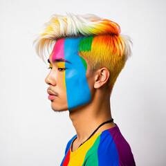 young man in profile with vibrant rainbow hair and colorful geometric face paint wearing a striped shirt to signify pride and individuality.