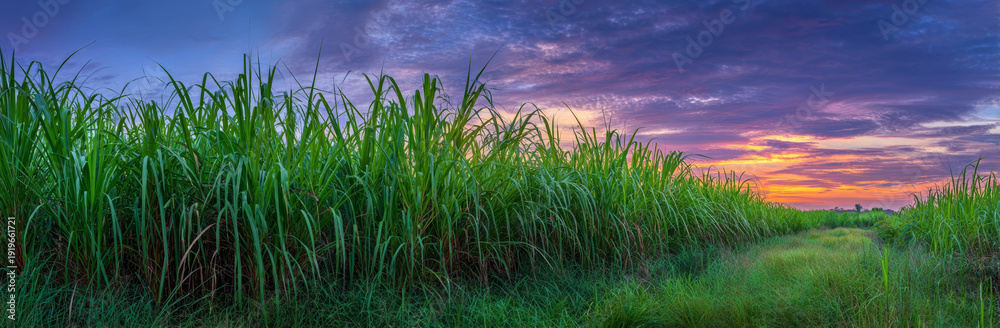 Obraz premium View of tall, lush green sugarcane plants with textured leaves and fibrous stalks, set against a vibrant sunset sky with purple and orange hues