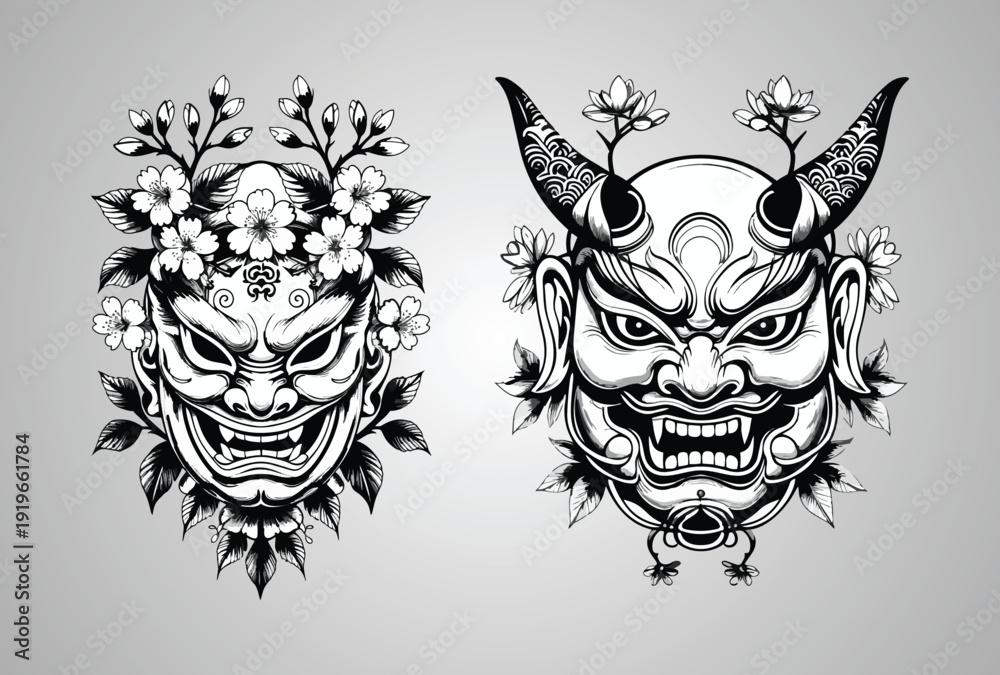 Fototapeta premium Traditional Japanese Demon Mask Tattoo Design with Oni and Floral Ornament