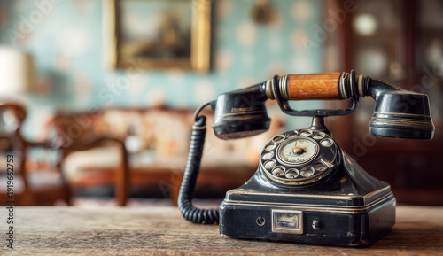 Vintage black rotary telephone with a wooden handle on a rustic wooden table in a cozy, retro-style interior