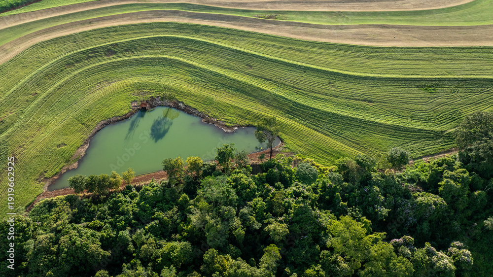 Αυτοκόλλητο Aerial view of hay plantation with contour lines and a small pond on a farm