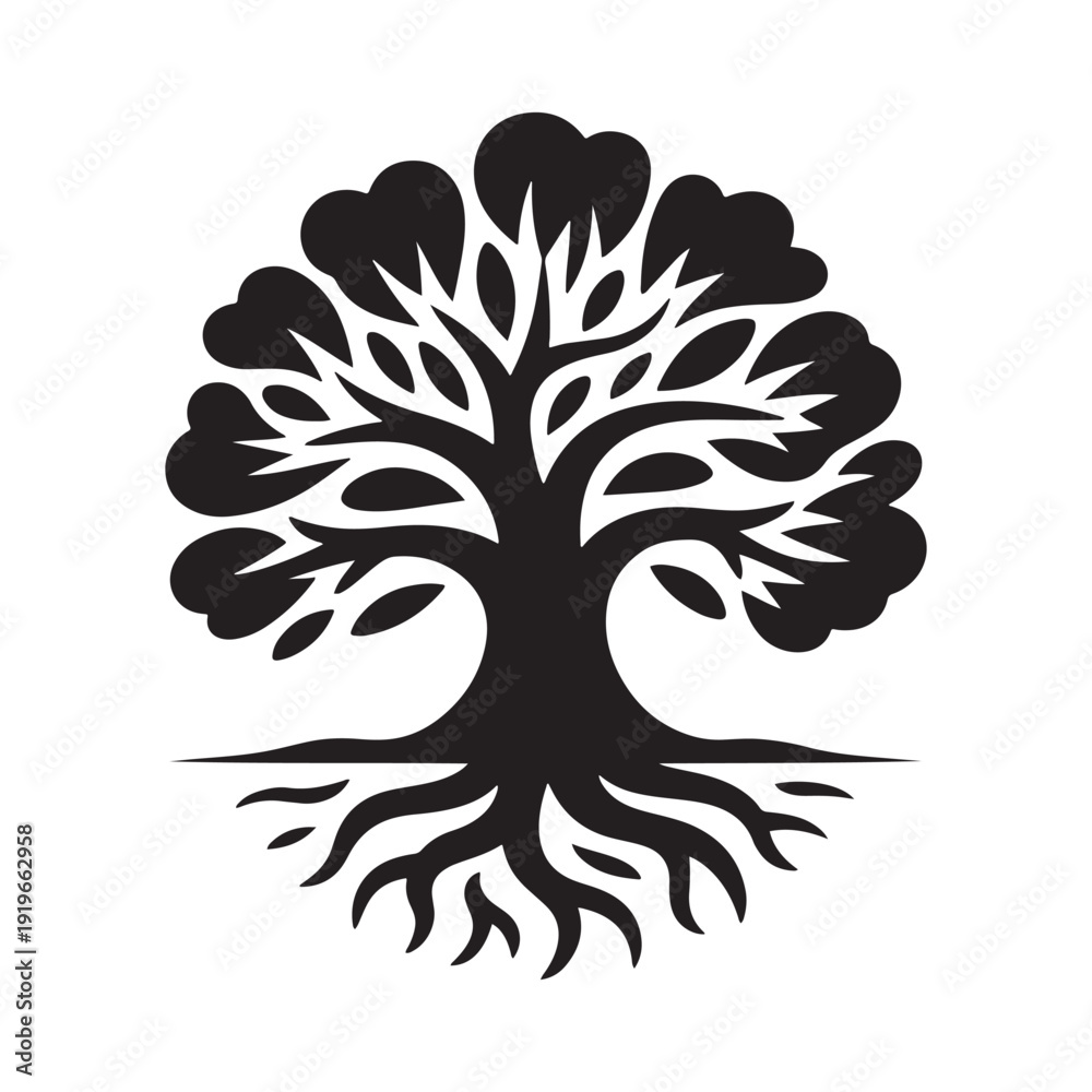 Ταπετσαρία Stylized Black Silhouette of a Tree of Life with Visible Roots