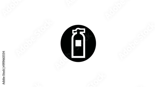Black and white fire extinguisher icon in a circle, representing safety equipment and emergency prevention graphic symbol.