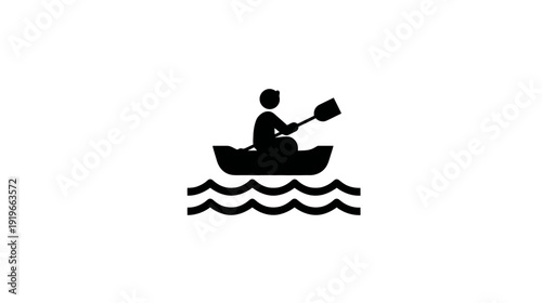Black silhouette icon of a person canoeing or kayaking, paddling a small boat on wavy water, representing outdoor water sports and recreation.