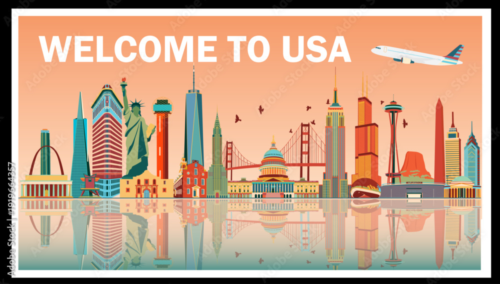 Obraz premium USA Skyline Poster – Vector Illustration of American Cities and Landmarks