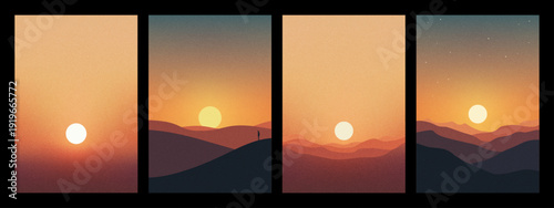 Minimalist vector set of sun cycles from sunrise to night with desert and mountains. Nature landscape visual for web, mobile app.