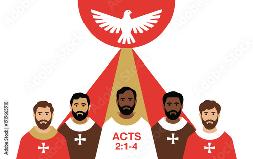 A vector graphic illustration of five men in robes with a dove and triangle symbol