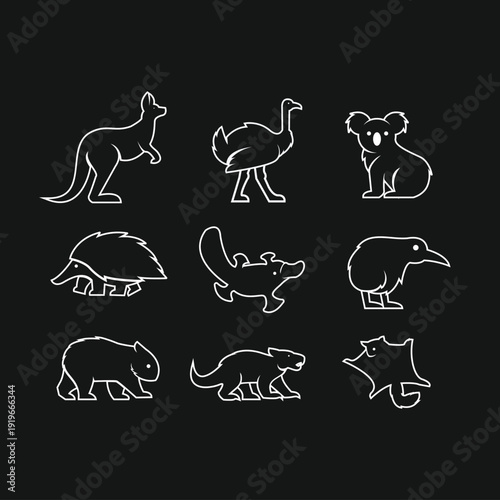 Australian and New Zealand Wildlife Outline Icons Set on Black Background
