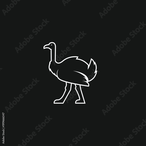 Minimalist White Ostrich or Emu Outline Illustration on Black Background