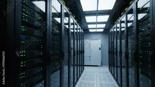 Server Room with Rows of Computer Servers.