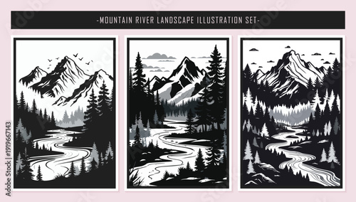 Mountain River Landscape Illustration Set in Black and White National Park Style