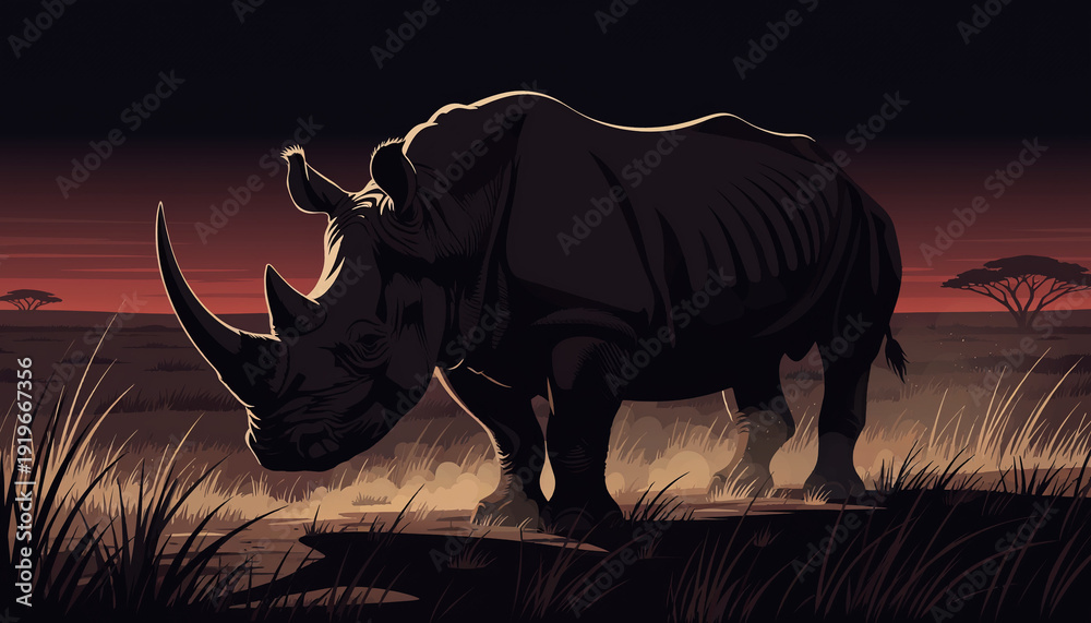 Fototapeta premium Rhino in Dramatic Twilight Savanna with Blood Orange Sky