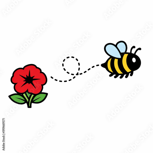 Garden scene with honeybee and summer blossoms vector illustration