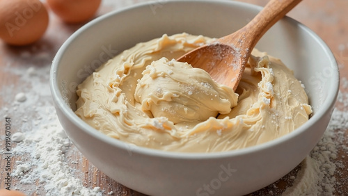 Creamy dough with wooden spoon in ceramic bowl on flour background