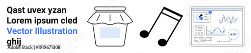 Visual features include analysis, data processing, melody creation, food preservation, product design, and app interfaces. Image shows a jar, music note and data analytics. Analytics and melody