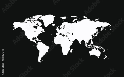 Minimal Black and White World Map Silhouette on Dark Background