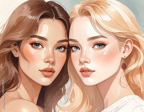 Watercolor illustration of two young women with different hair colors, facing the viewer