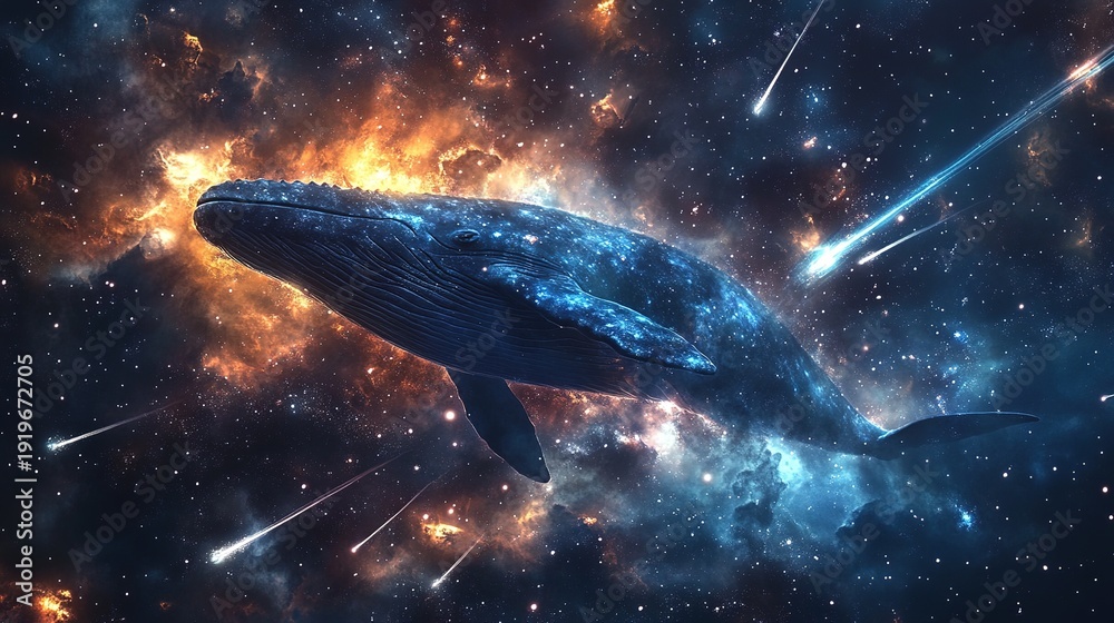 Obraz premium Celestial Whale: A fantastical whale gracefully swims through the mesmerizing expanse of the cosmos, amidst celestial bodies and cosmic energy. 