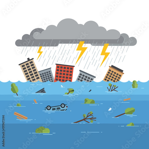 Flooded Cityscape with Stormy Weather and Debris