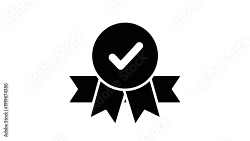 Vector illustration of quality assurance seal icon with check mark, black silhouette on a transparent background