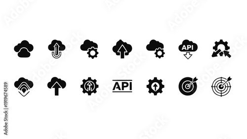 Vector illustration of cloud computing api integration and data management icon set on a transparent background