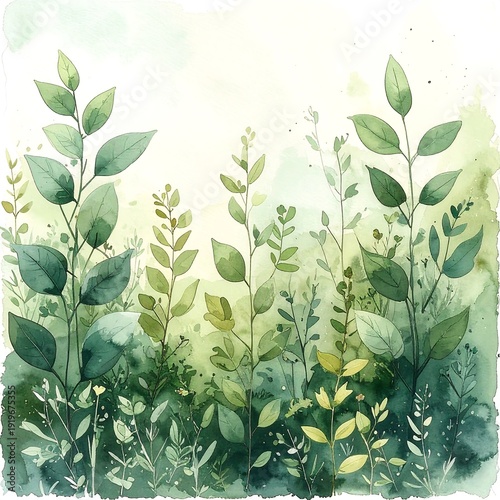 Watercolor illustration of various green leaves and stems forming a lush, organic design
