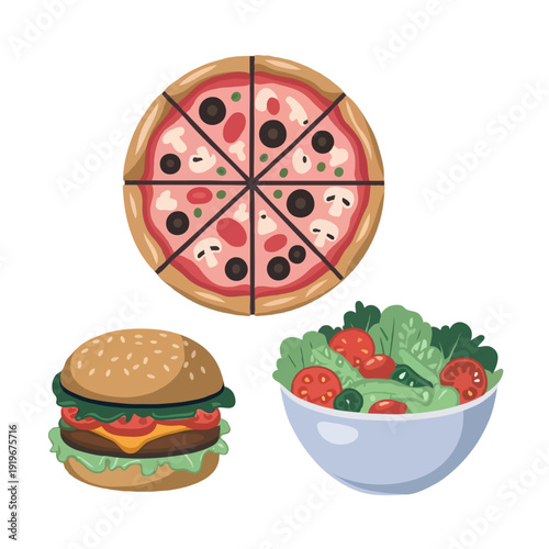 A delicious assortment of pizza, burger, and salad for a satisfying meal isolated on white background, Vector, illustration