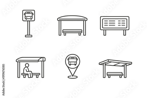 Bus stop line icon set with clean editable stroke. Public transit station, timetable and waiting area symbols for mobility apps and urban transport systems.