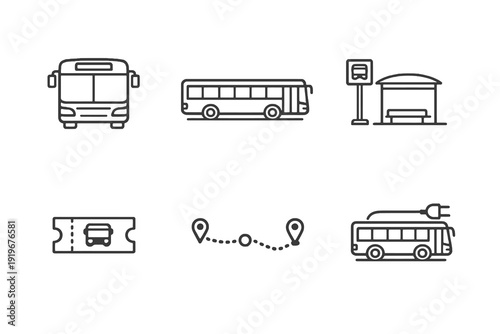 Outline bus icons for urban transportation systems. Editable stroke vector set featuring city bus, ticket and route navigation concepts.