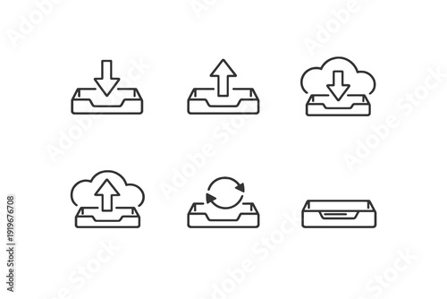 Upload and download tray line icon set with clean editable stroke. File transfer, cloud sync and data exchange symbols for web apps and dashboards.