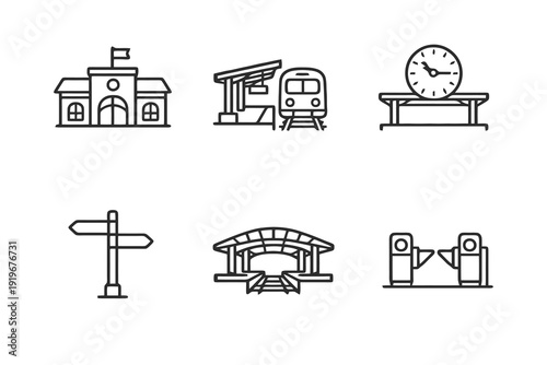 Train station line icon set with clean editable stroke. Railway platform, ticket gate and transit terminal symbols for mobility apps and transport systems.