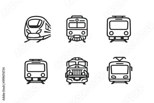 Outline train icons for public transportation and rail systems. Editable stroke vector set optimized for UI and smart mobility dashboards.