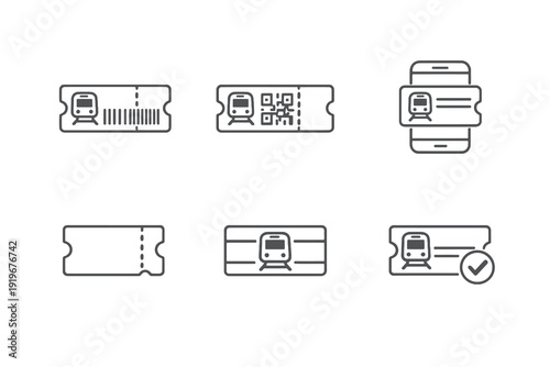Outline train ticket icons for railway payment and digital boarding systems. Editable stroke vector set optimized for UI and travel services.