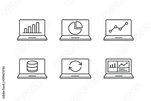 Outline laptop analytics icons for data visualization and reporting systems. Editable stroke vector set optimized for UI and digital dashboards.