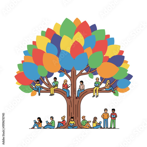 People gathered under a colorful abstract tree reading books and using tablets