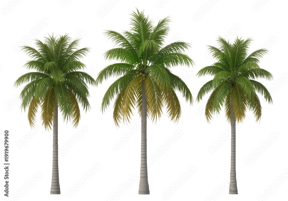 Obraz premium Tropical Trio: Three Realistic Coconut Palms in Pristine, Isolated Elegance