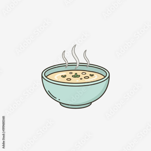 A steaming bowl of delicious soup with herbs and spices.