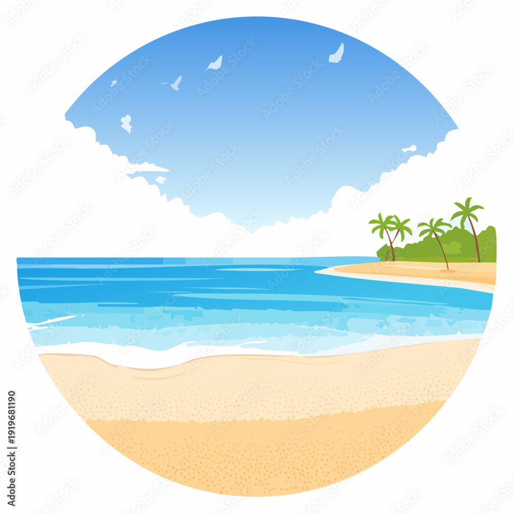Obraz premium Abstract summer background with art illustration of sea beach and sky. Tropical coast landscape with beautiful sea shore beach on a nice sunny day